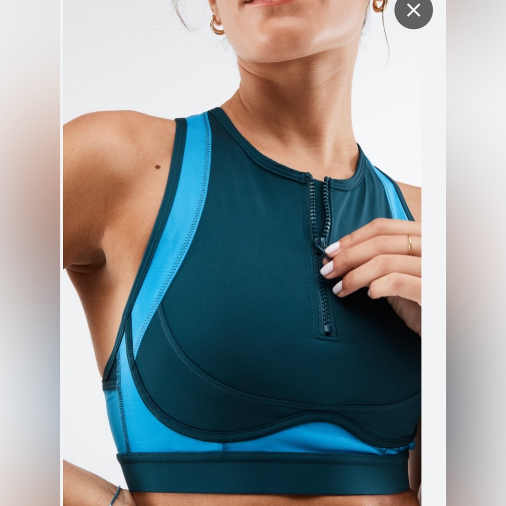 Fabletics Blare Zip Front High Impact Sports Bra Blue Sz S J